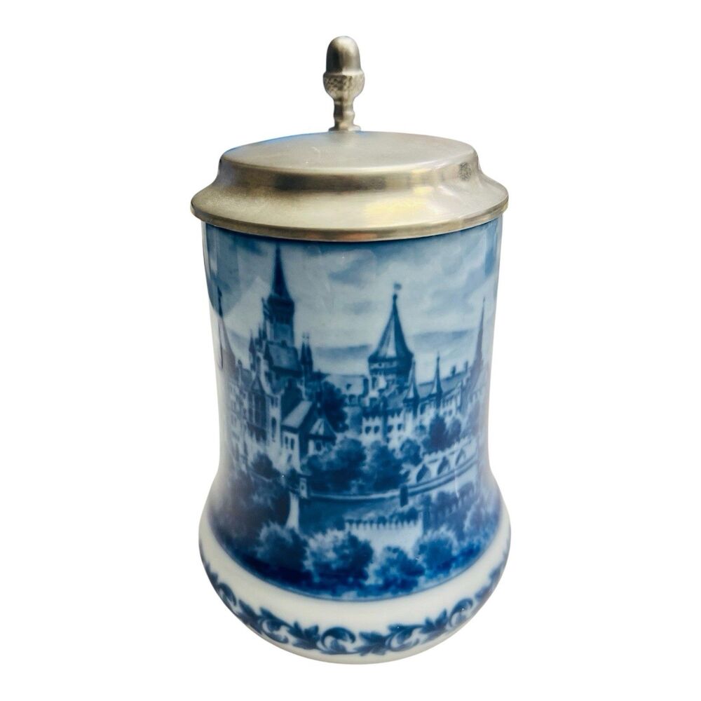 German Beer Stein Berlin Design Hohenzollern Castle Pewter Lid Blue White 1980 - Picture 5 of 8